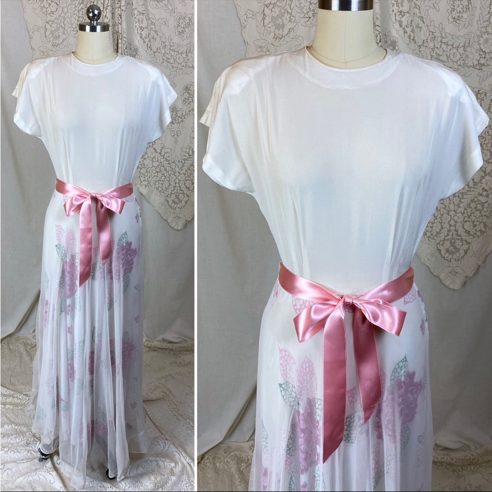 True vintage 1940s rayon floral and chiffon gown/dress. White and purple/pink.
